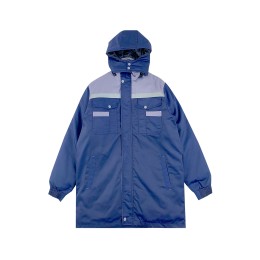 Designed men's thickened winter work clothes, customized cotton-padded clothes to keep warm and cold, gray contrasting royal blue, windproof and pre-cooling, detachable hat, lining, cold storage, logistics, custom-made auto repair work clothes, polyester  Designed men's thickened winter work clothes, customized cotton-padded clothes to keep warm and cold, gray contrasting royal blue, windproof and pre-cooling, detachable hat, lining, cold storage, logistics, custom-made auto repair work clothes, polyester